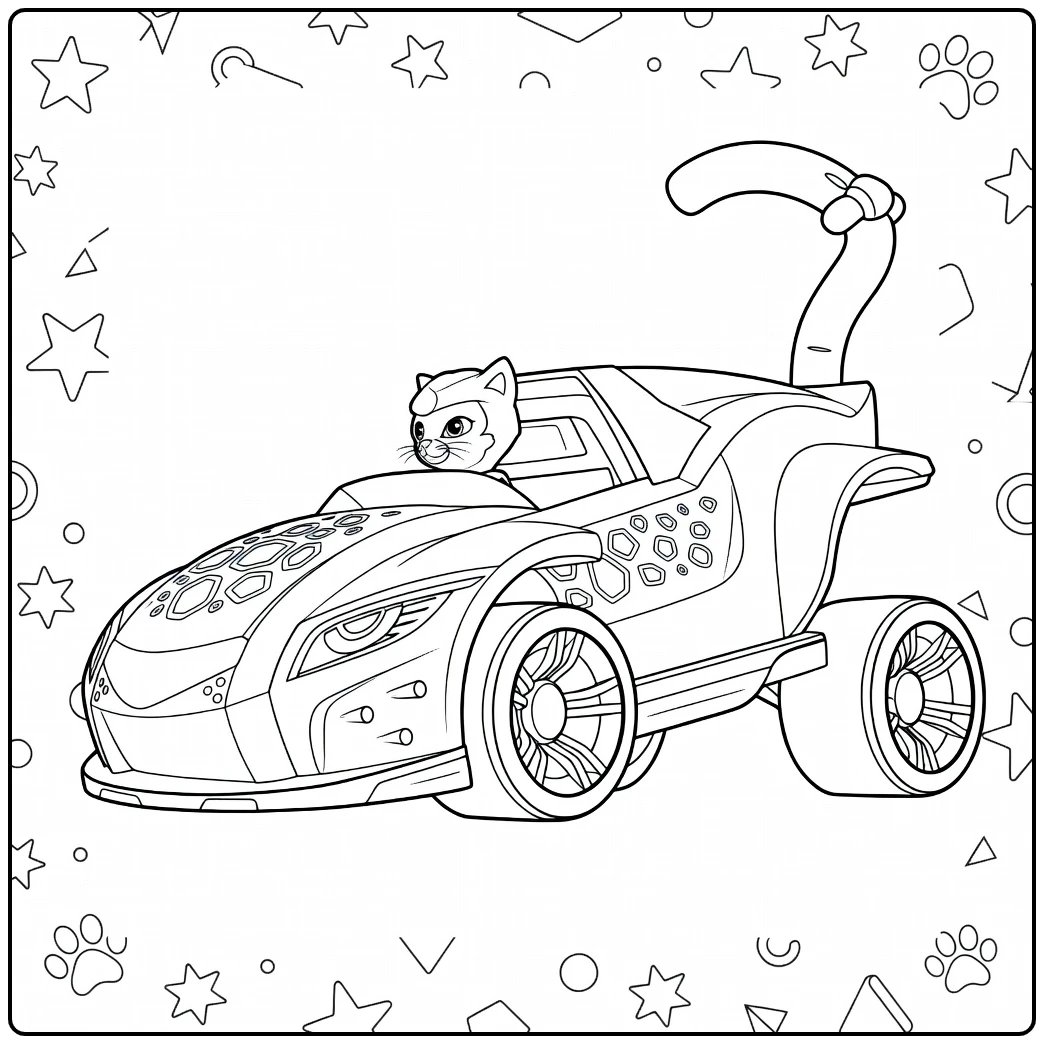 Zijaanzicht van een sportwagen met kattengezicht en staart shade paw patrol kleurplaat