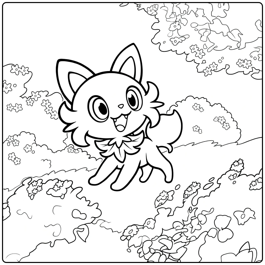 Kleurplaat Pokemon Sprigatito staand op vier poten met open bek in een bos met bloemen