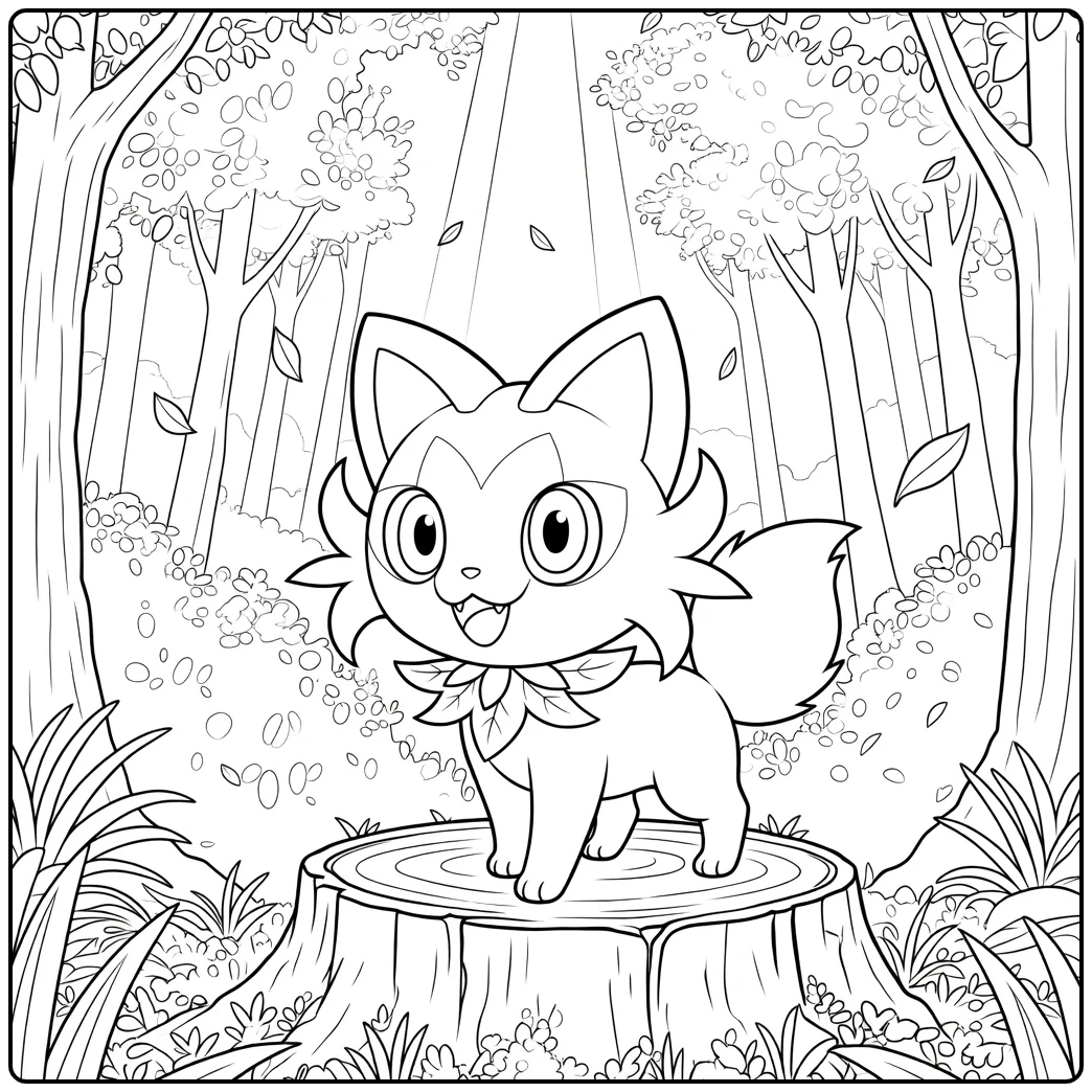 Kleurplaat Pokemon Sprigatito staand op een boomstronk met open bek