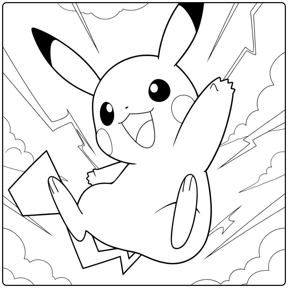 Pikachu Kleurplaat met een springend wezen met opgeheven arm en bliksemstaart