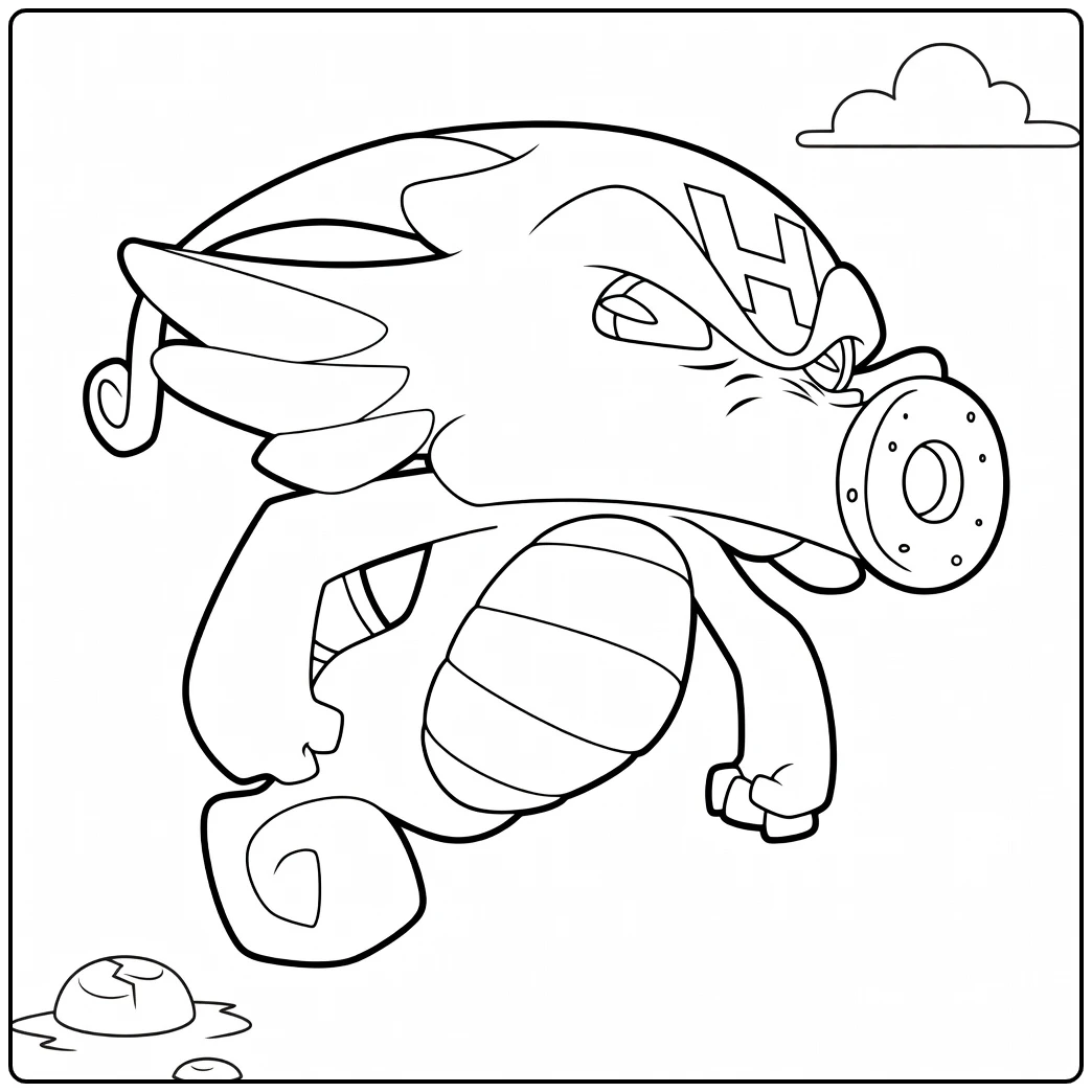 Stitch Experimenten Kleurplaat met een reptielachtig wezen in dynamische sprong met uitgestrekte vleugels.