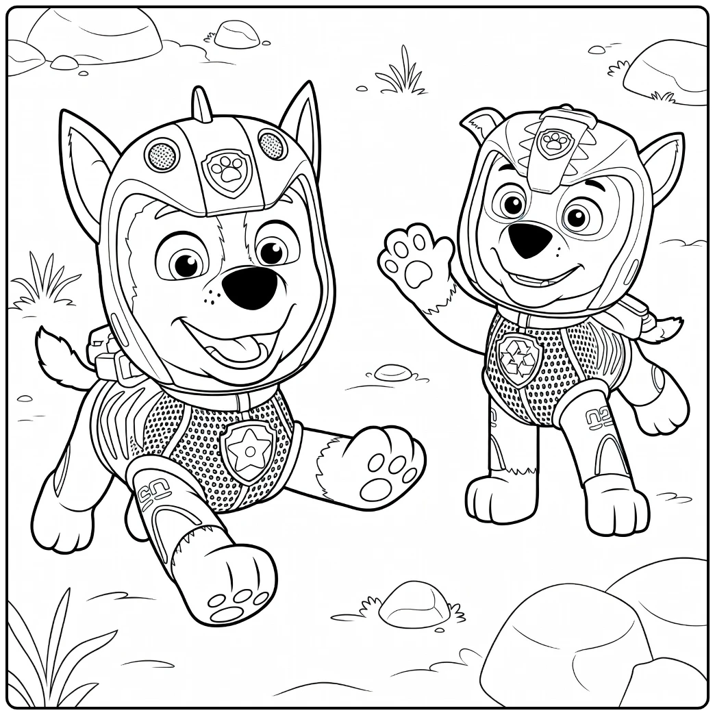 Twee honden in pakken en helmen, links springend en rechts staand in Paw Patrol Seizoen 9 Kleurplaat
