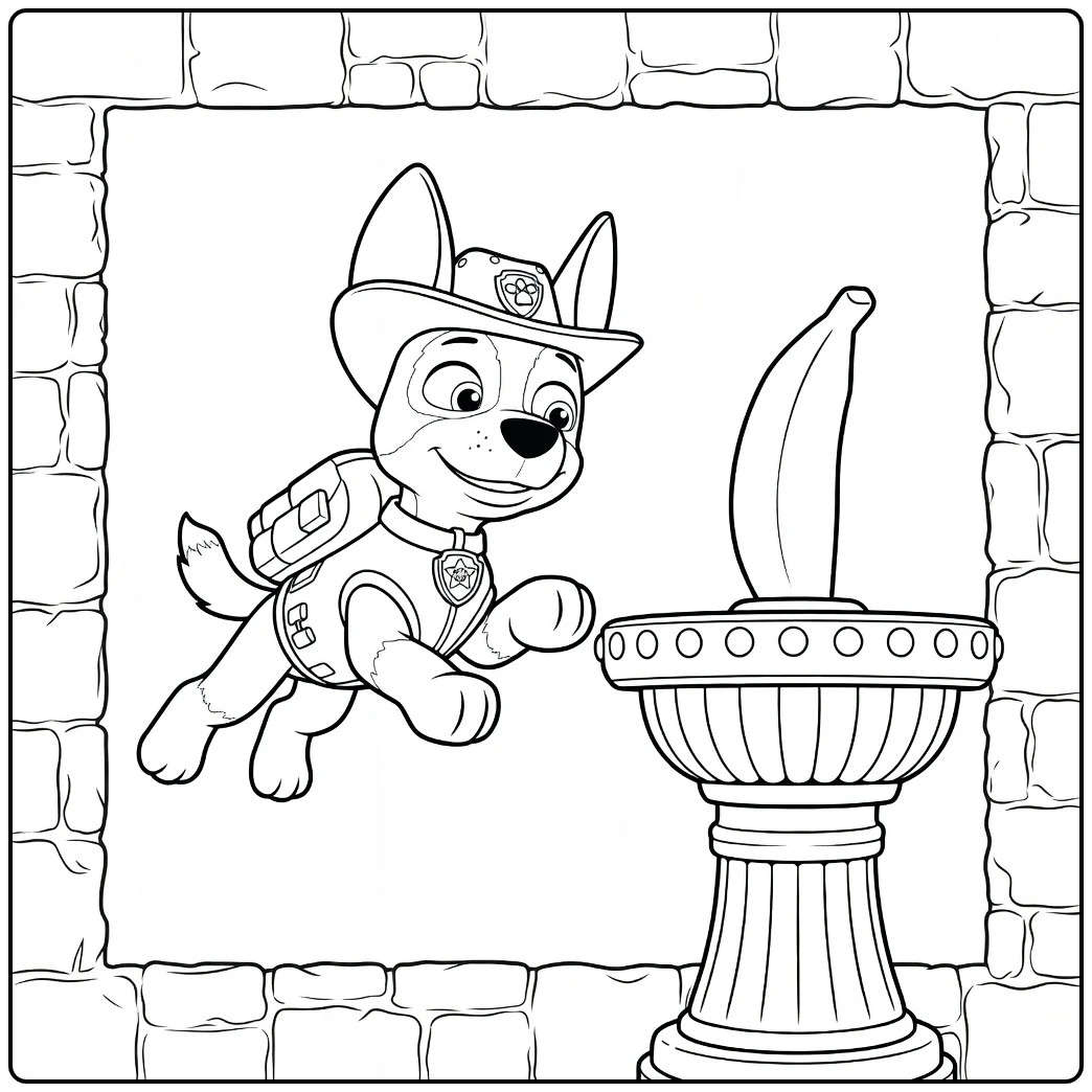 Een hond springt in de lucht met groene hoed en vest naast een stenen muur in Paw Patrol Seizoen 10 Kleurplaat.