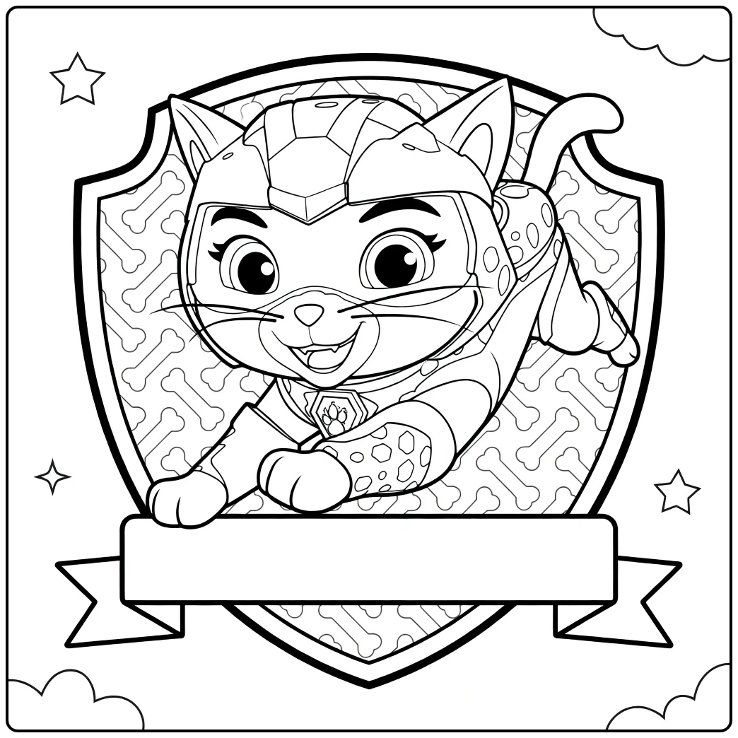 Springende kat in harnas met helm op schildembleem shade paw patrol kleurplaat