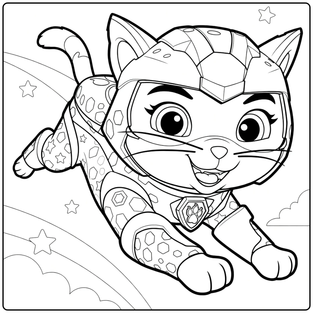 Dynamisch springende antropomorfe kat met vizierhelm en paars gespikkeld pak Shade Paw Patrol Kleurplaat