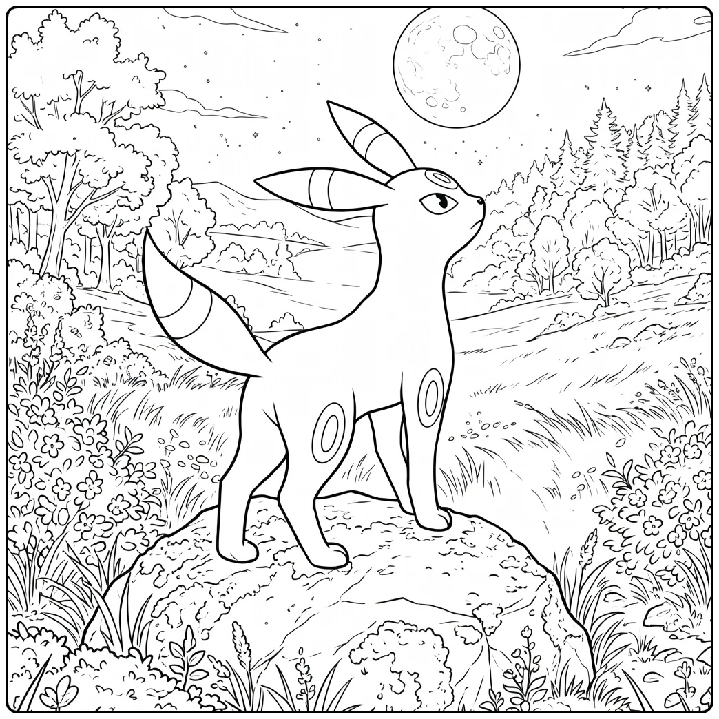 Umbreon Kleurplaat van een vosachtig wezen met grote oren staand op een rots onder de maan