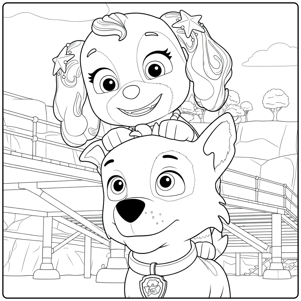 Roze hond balanceert op de grijze hond met oranje halsband in coral paw patrol kleurplaat
