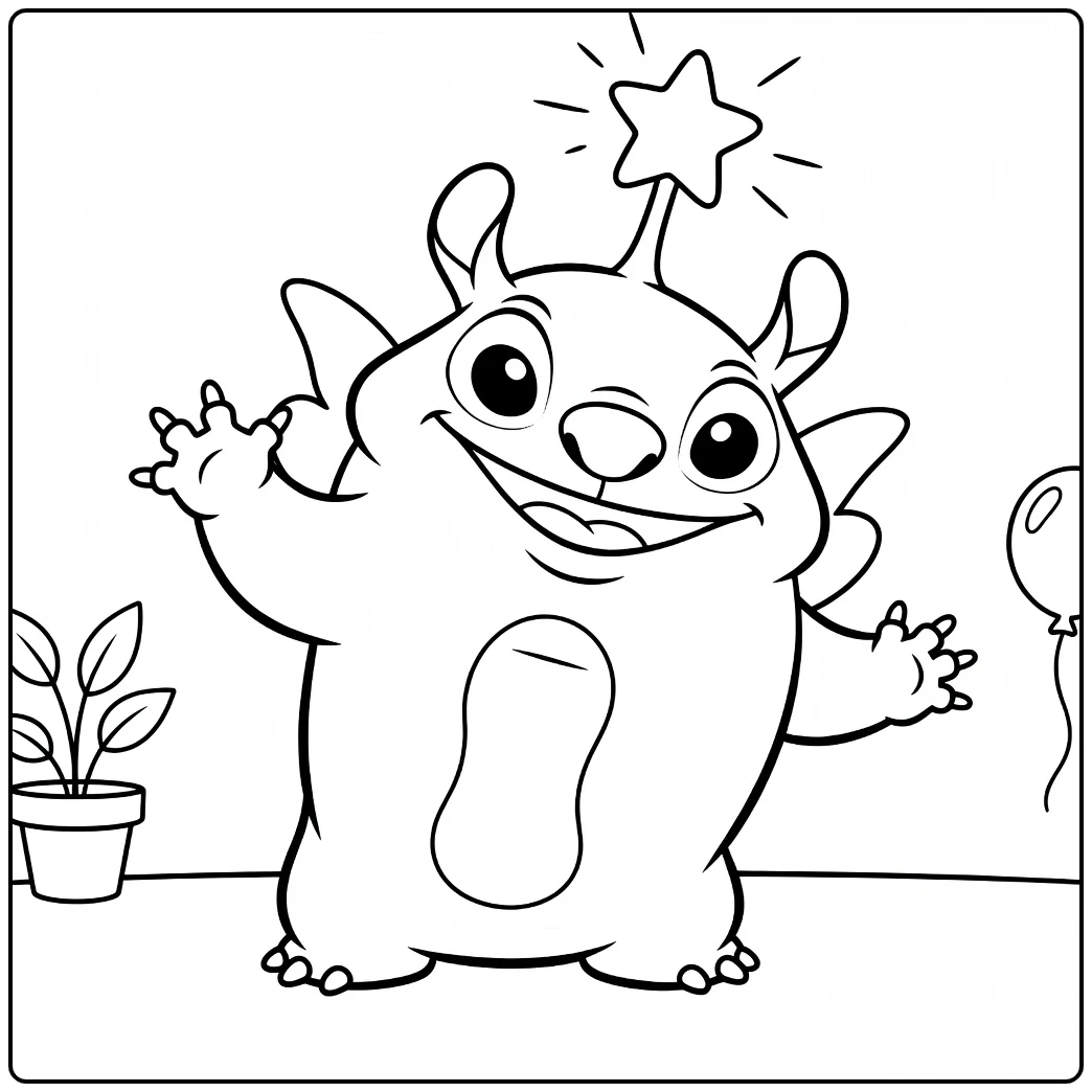 Stitch Experimenten Kleurplaat met een rond wezen dat één arm geheven houdt en een ster op zijn antenne heeft