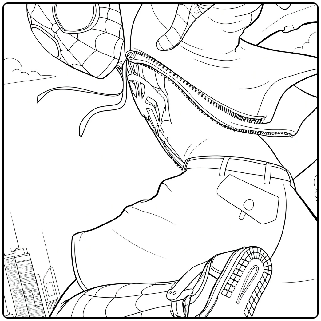 Dynamische held met masker en rood webpatroon op pak in mid-motion pose Spider Man Across the Spider Verse Kleurplaat