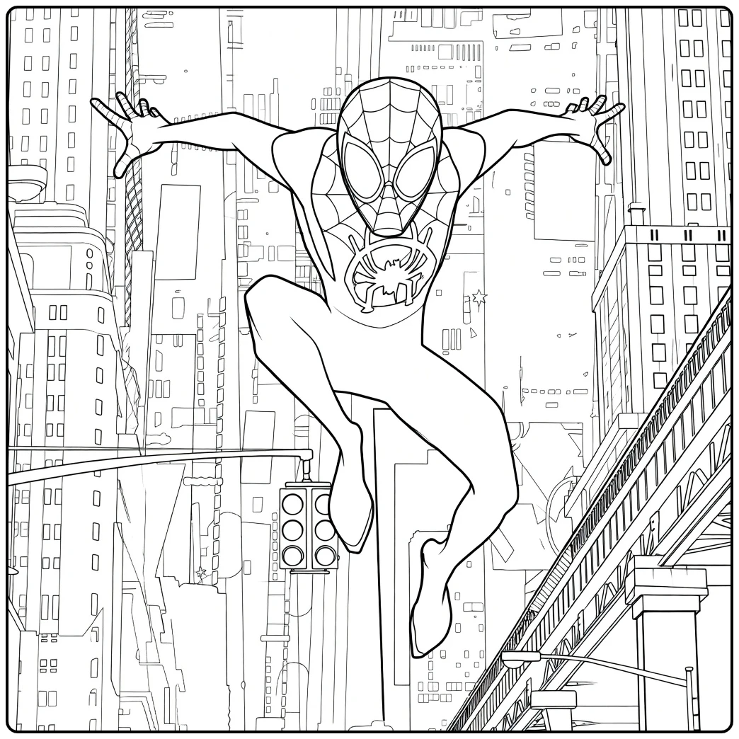 Gemaskerde held in sprong met spinembleem tegen stadssilhouet Spider Man Across the Spider Verse Kleurplaat
