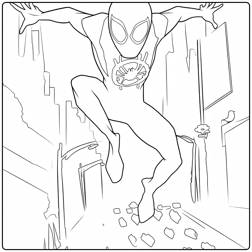 Maskerheld met rood-zwart pak springt tussen gebouwen in Spider Man Across the Spider Verse Kleurplaat