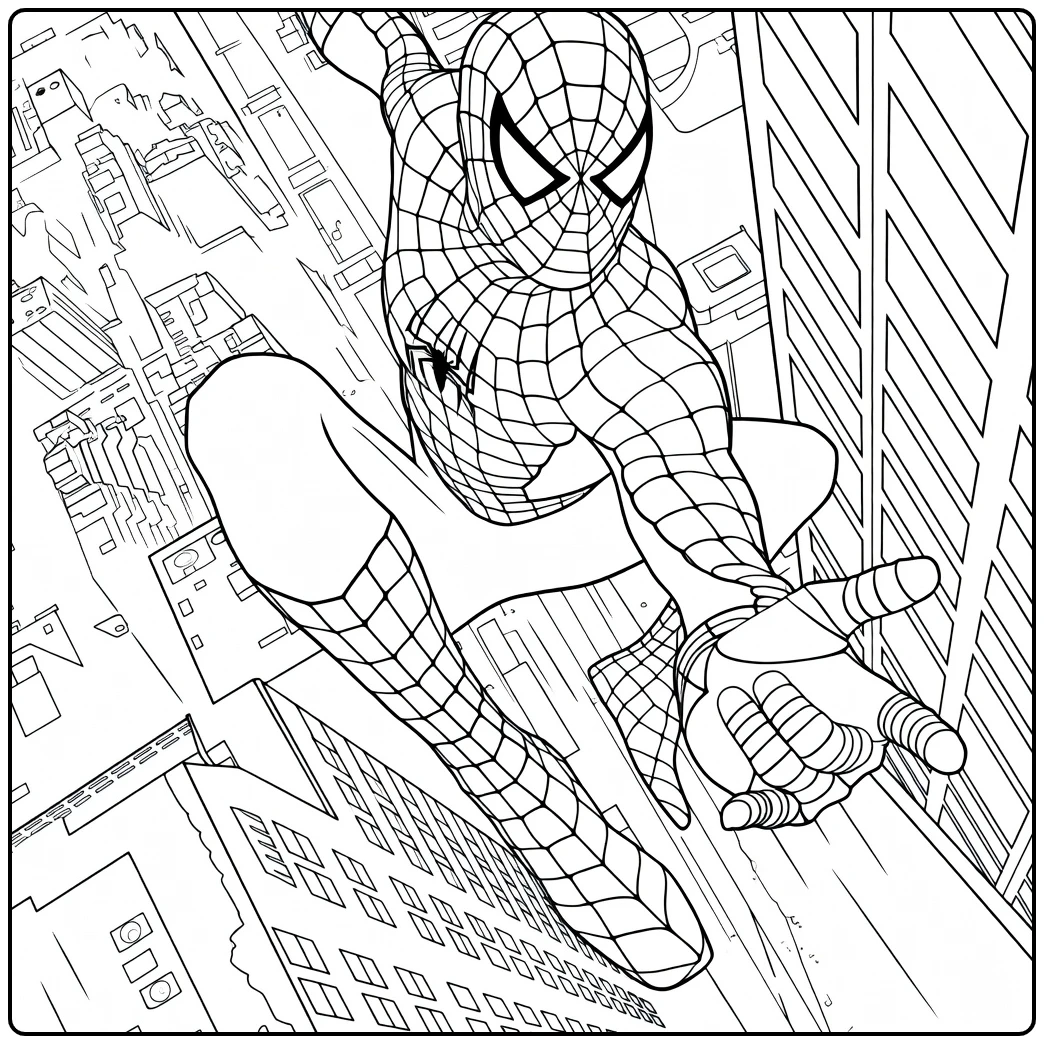 Gemaskerde held in webpak springt dynamisch door de lucht met wolkenkrabbers op de achtergrond Spiderman Kleurplaat