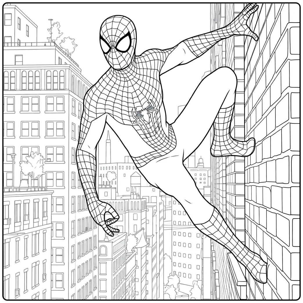 Spiderman Kleurplaat van een gemaskerde figuur die een bakstenen muur beklimt met gebouwen op de achtergrond