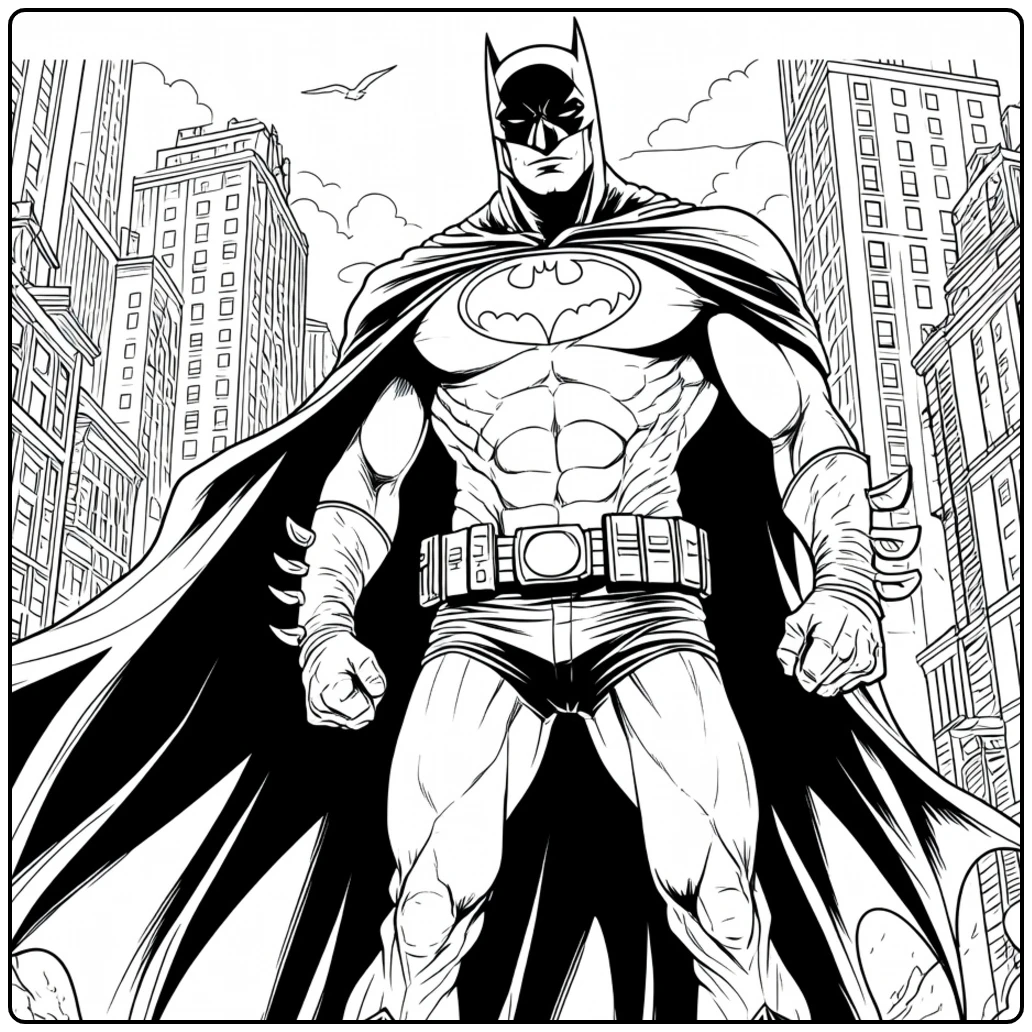 Muscular superhero met wapperende cape tussen wolkenkrabbers kleurplaat superhelden