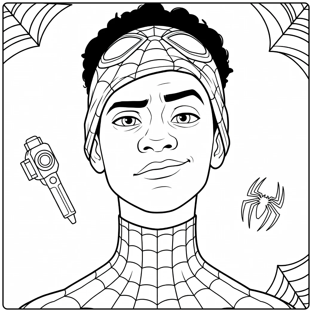 Jonge man met donkere huid en krullend haar in een zwart pak met rode patronen Spider Man Across the Spider Verse Kleurplaat