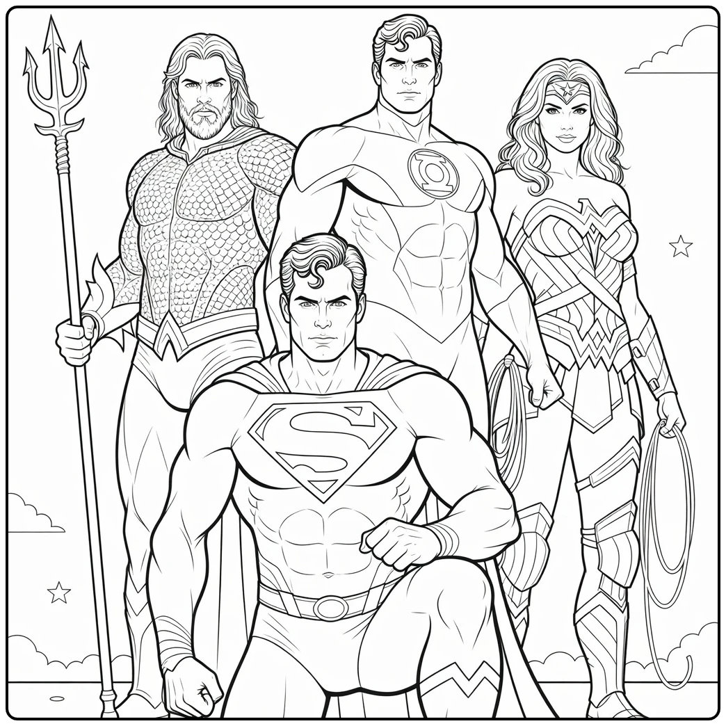 Lijntekening van vier superhelden met een knielende figuur en drie staande erachter kleurplaat superhelden