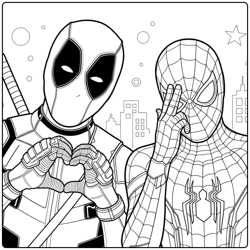 Twee maskerhelden in pakken op een Spiderman Kleurplaat waarbij de linker een hart vormt met handen en de rechter zijn gezicht bedekt
