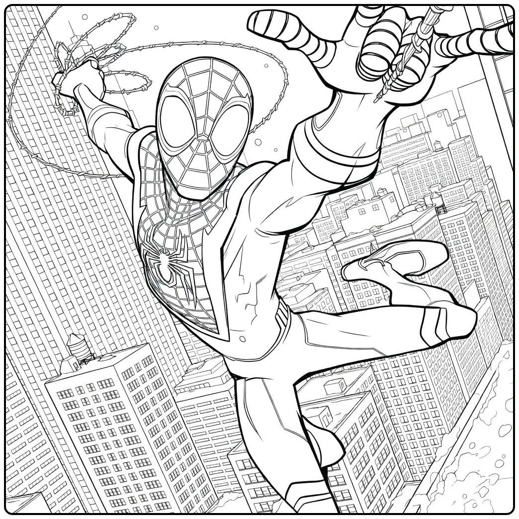 Spider Man Across the Spider Verse Kleurplaat met een gemaskerde figuur die swingt tussen besneeuwde wolkenkrabbers.