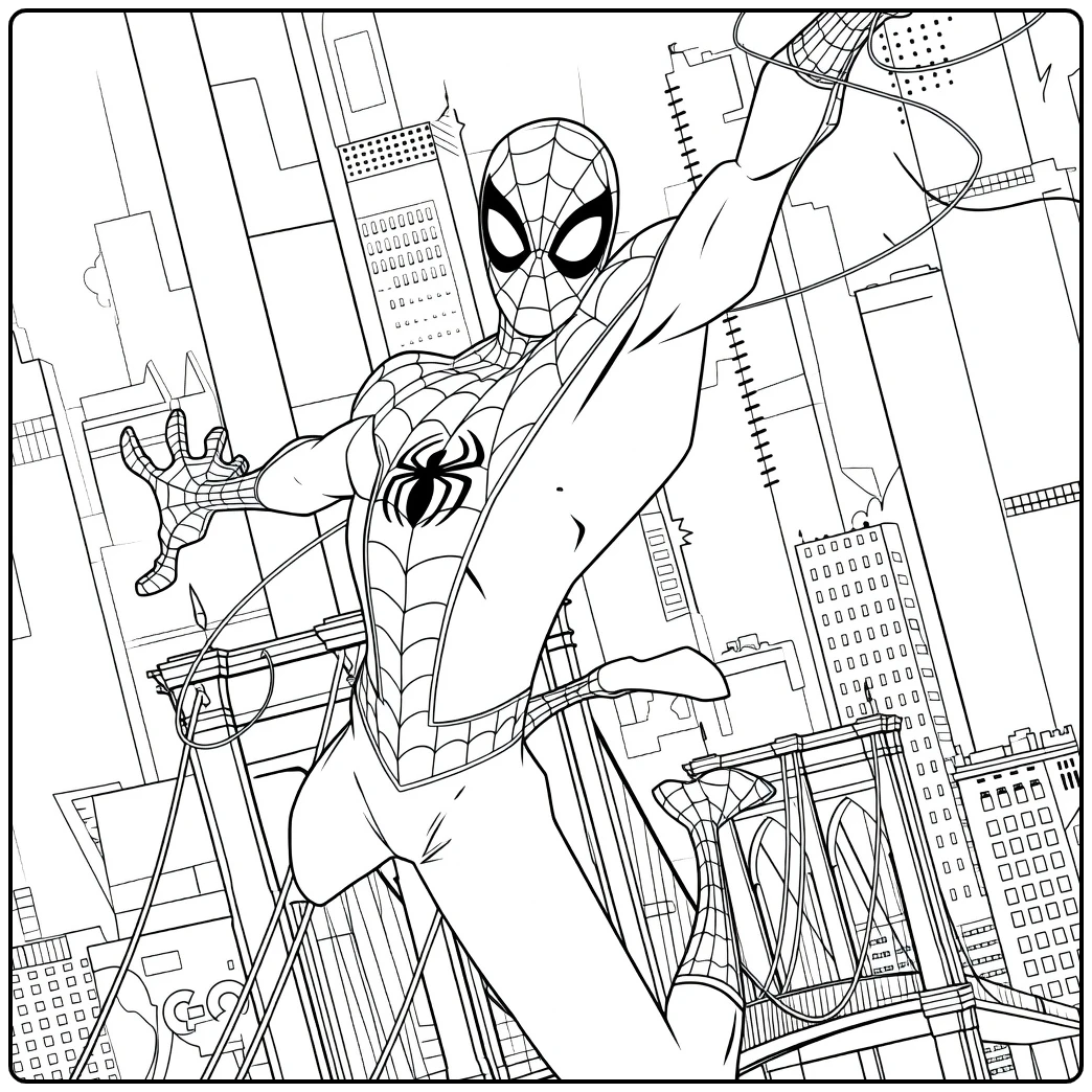 Maskerheld in webpak swingend voor skyline van wolkenkrabbers Spider Man Across the Spider Verse Kleurplaat