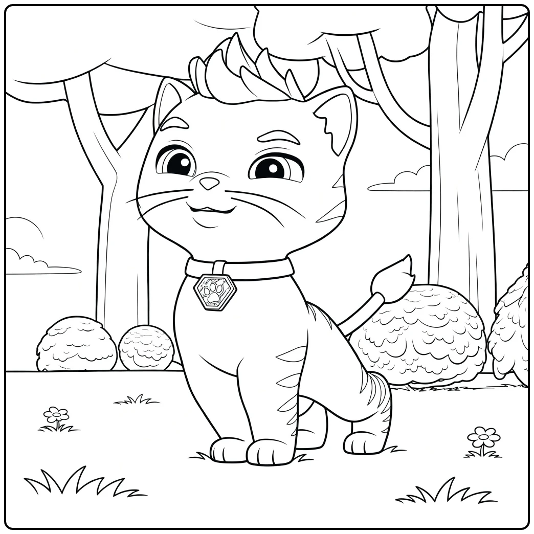 Tabby kat met gele halsband en gestreepte staart leo paw patrol kleurplaat staand op gras met bomen op de achtergrond