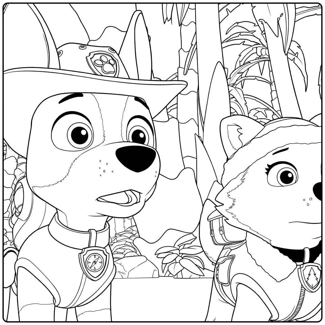 Twee honden met hoeden en vesten naast elkaar Paw Patrol Seizoen 10 Kleurplaat