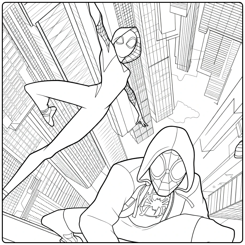 Spider Man Across the Spider Verse Kleurplaat met een springende en hurkende held voor wolkenkrabbers