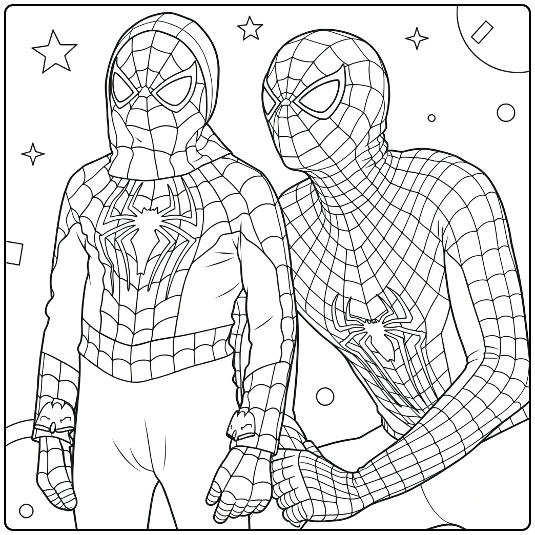 Twee figuren in rode en blauwe pakken met maskers en zwarte lijnen Spiderman Kleurplaat