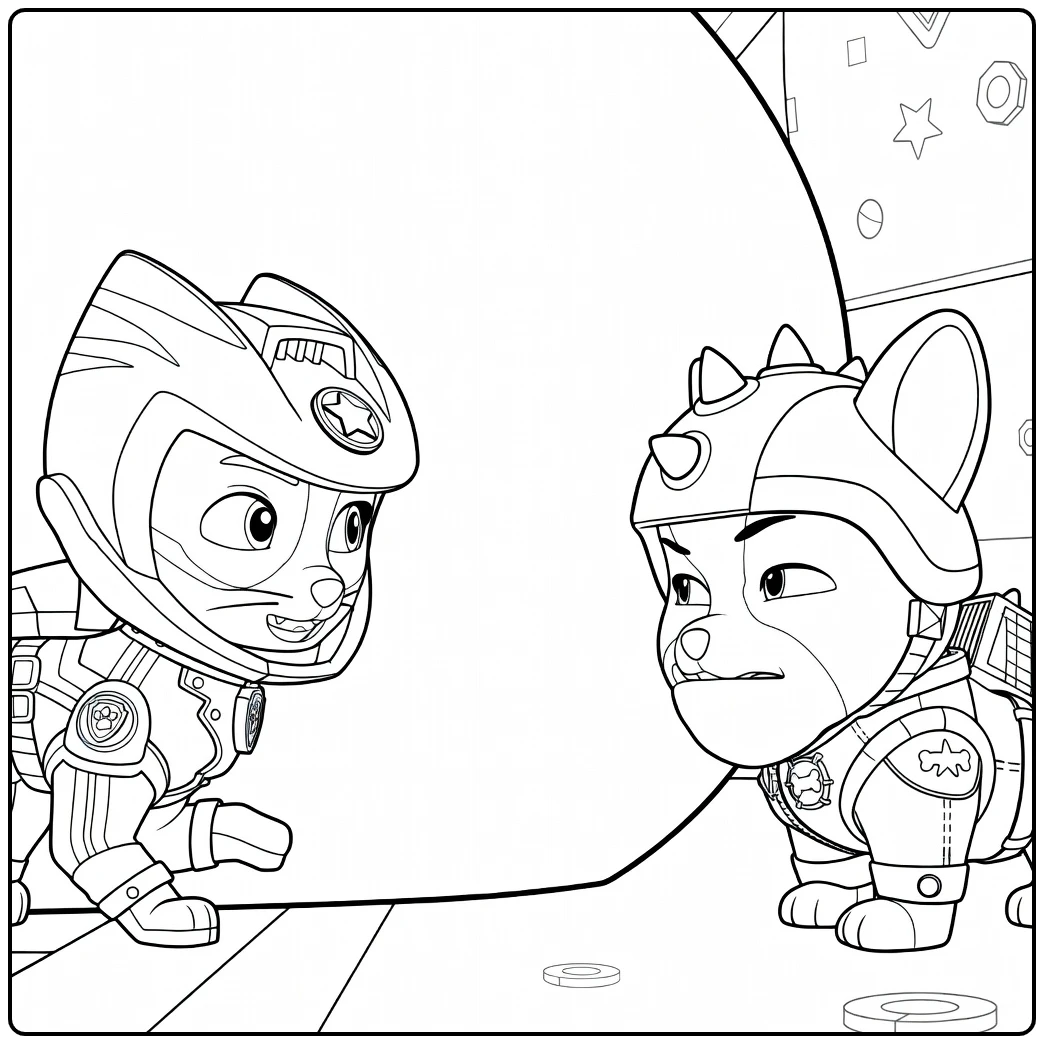 Oranje kat en grijze hond in pakken en helmen tegenover elkaar met grote bol ertussen Paw Patrol Seizoen 7 Kleurplaat