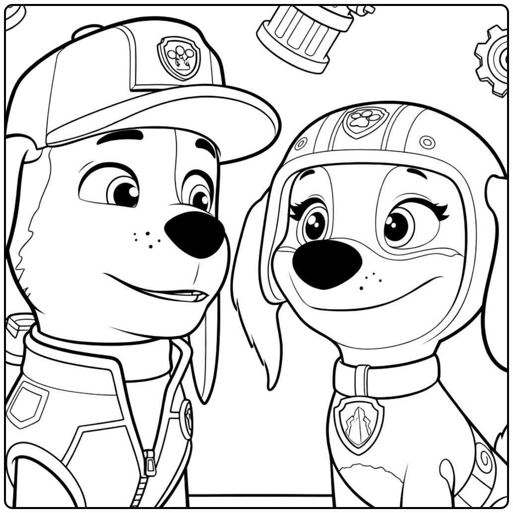 Twee honden in uniformen met badges staan zij aan zij al paw patrol kleurplaat