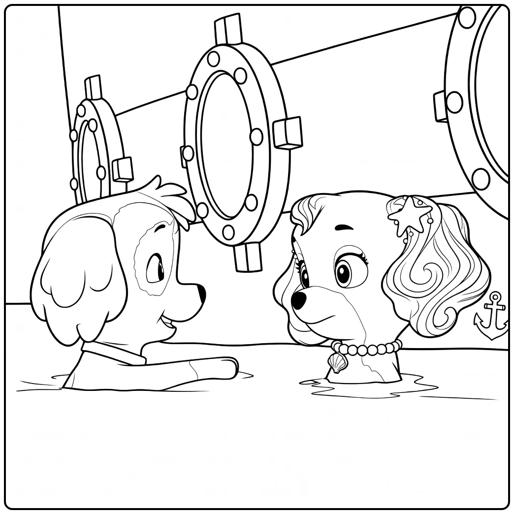 Twee honden met floppy oren en haaraccessoire tegenover elkaar in het water coral paw patrol kleurplaat