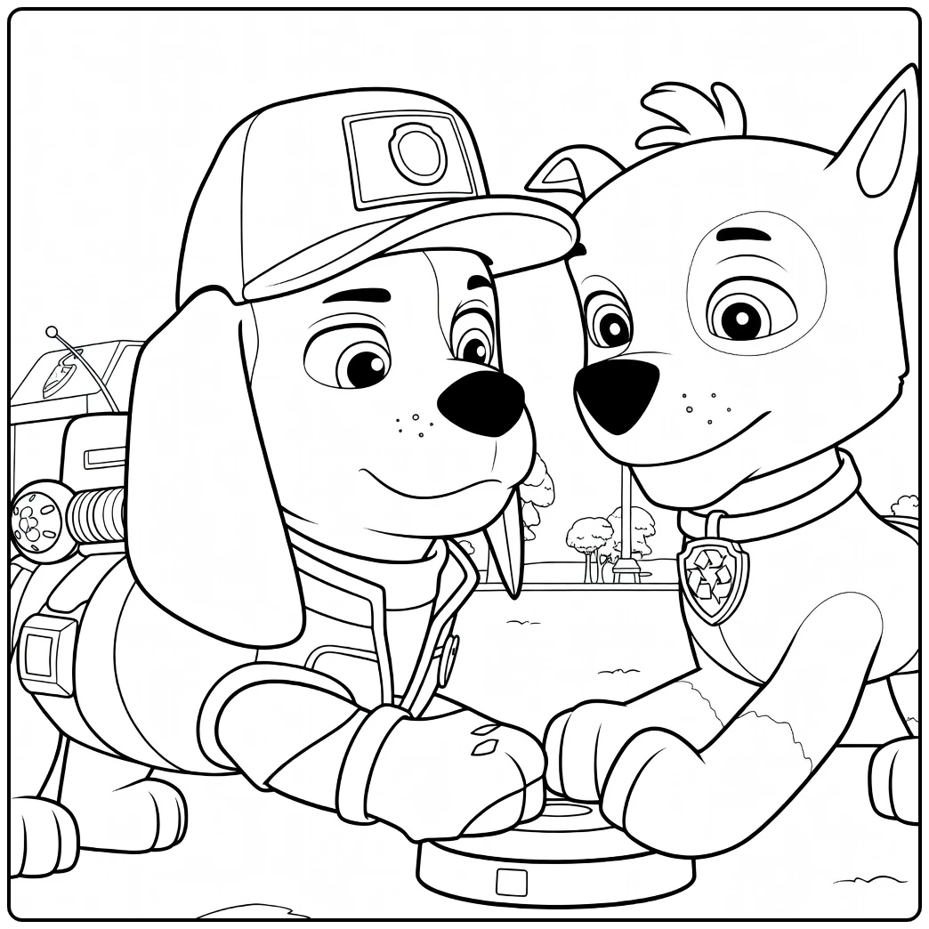 Twee honden tegenover elkaar met de linker die een oranje knop indrukt al paw patrol kleurplaat