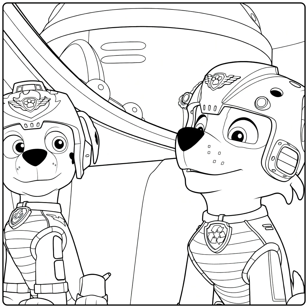 Twee zittende honden met helmen en pakken naast elkaar Paw Patrol Seizoen 11 Kleurplaat
