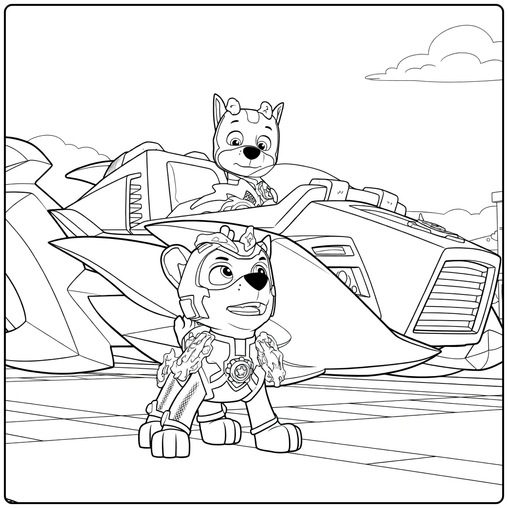 Paw Patrol Seizoen 6 Kleurplaat met een hond die dynamisch op de weg staat en een andere zittend in een futuristisch voertuig.