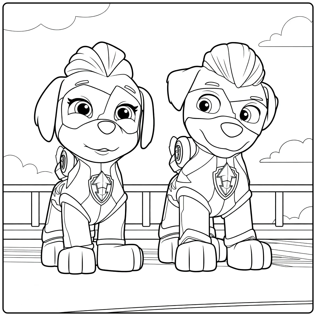 Twee honden in uitrusting zittend naast elkaar Paw Patrol Seizoen 6 Kleurplaat