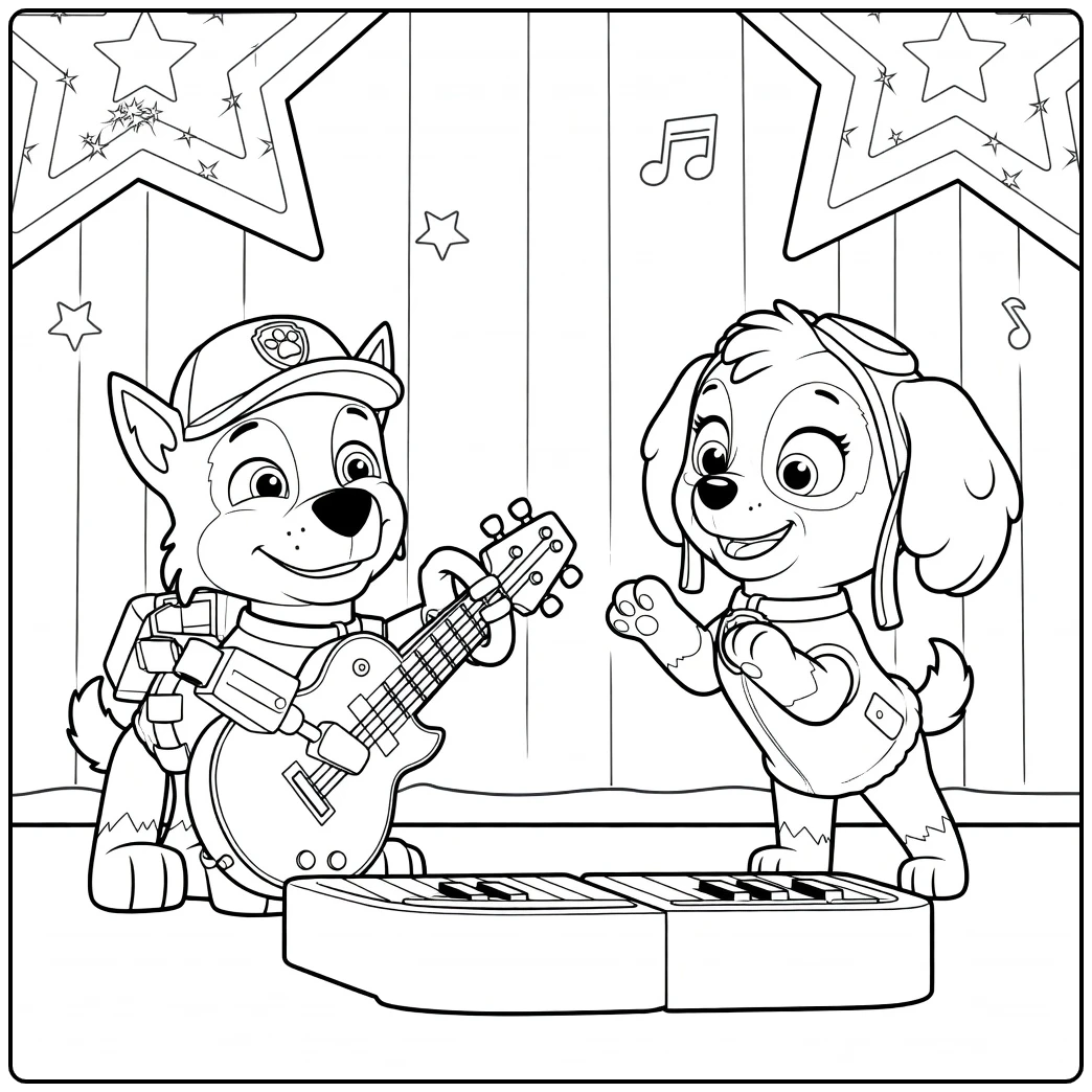 Paw Patrol Seizoen 3 kleurplaat met een grijze hond met gitaar en een bruine hond met pet ernaast