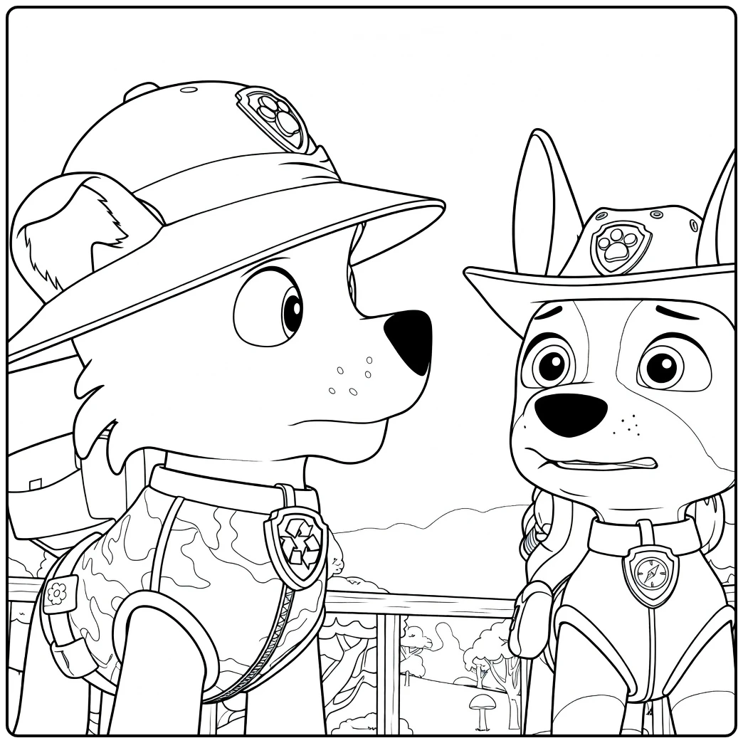 Twee honden met groene hoeden en camouflage vesten naast elkaar Paw Patrol Seizoen 10 Kleurplaat
