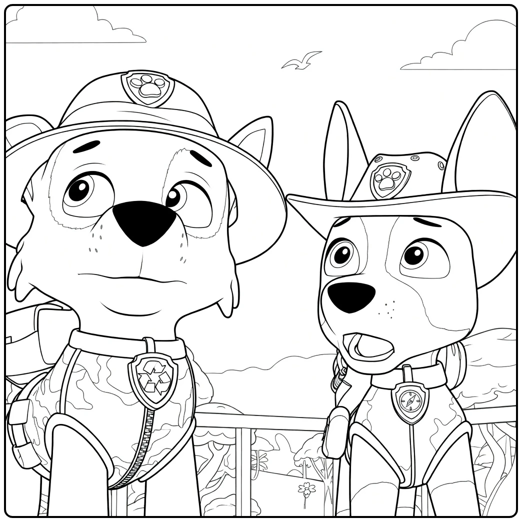 Twee honden met hoeden en camouflagevesten staand zij aan zij Paw Patrol Seizoen 3 kleurplaat