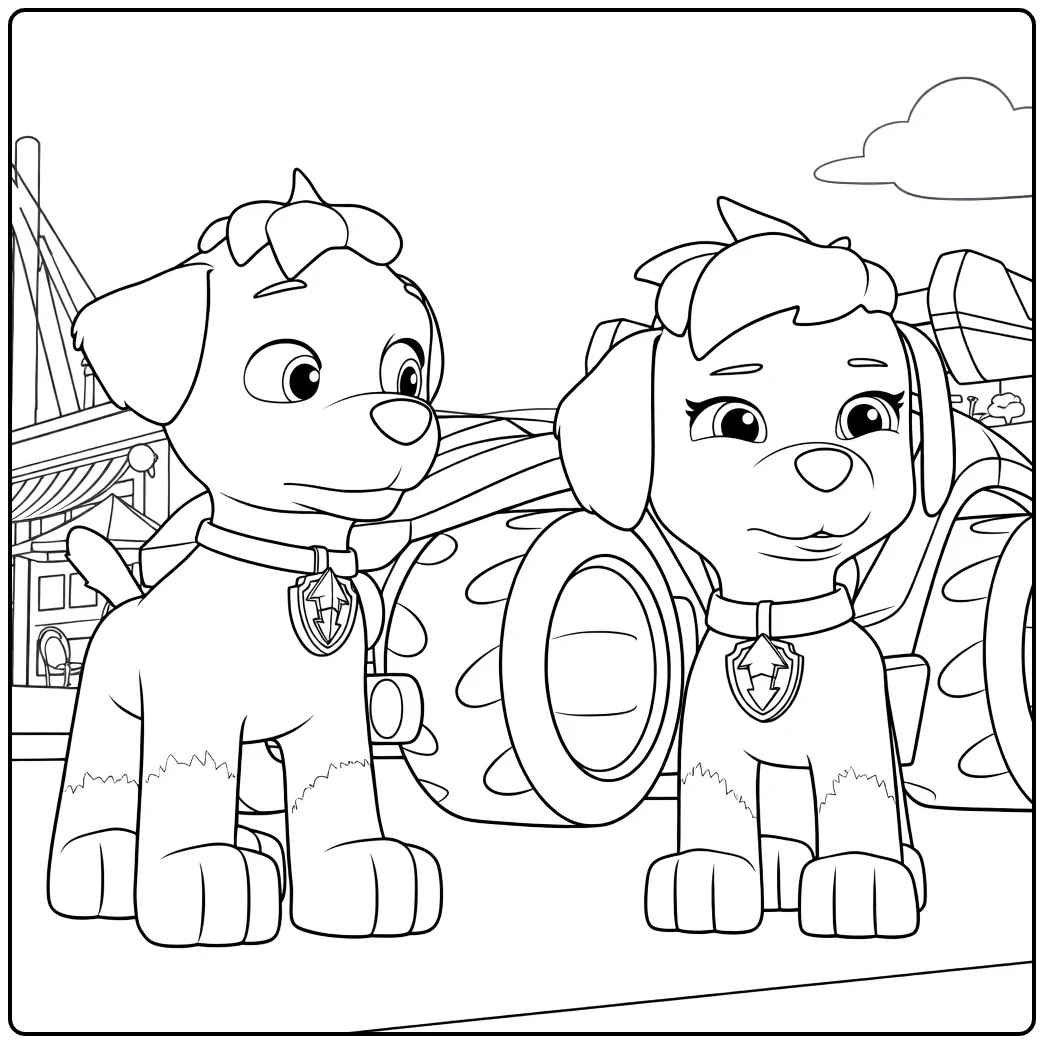 Twee puppy's zittend naast elkaar met blauwe halsbanden in Paw Patrol Seizoen 6 Kleurplaat