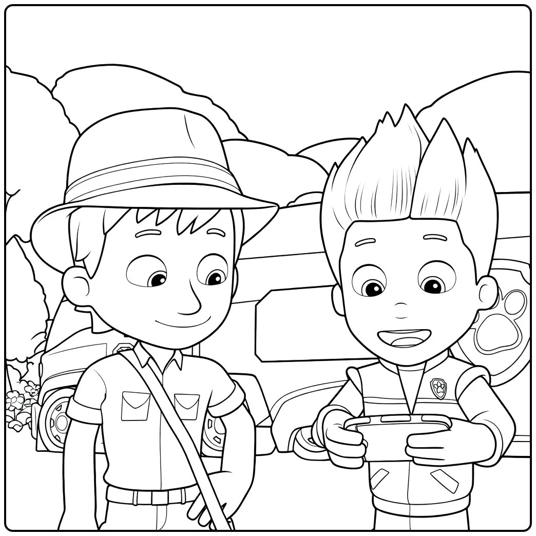Twee jongens met hoed en controller in Paw Patrol Seizoen 8 Kleurplaat voor een voertuig