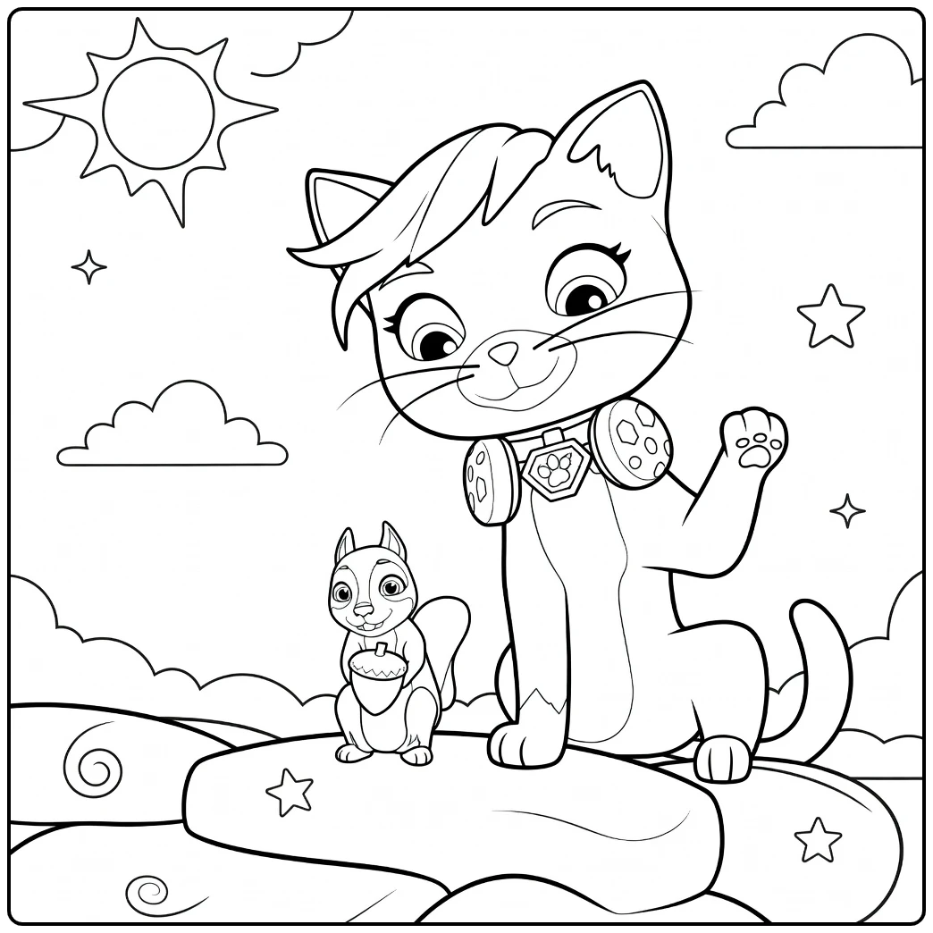 Grote zwarte kat met roze haartuft en paarse koptelefoon naast kleine grijze kat met eikel shade paw patrol kleurplaat