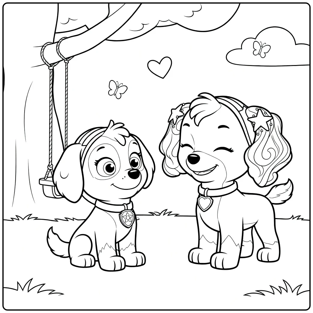 Twee puppies die elkaar aankijken op het gras met boomstam coral paw patrol kleurplaat