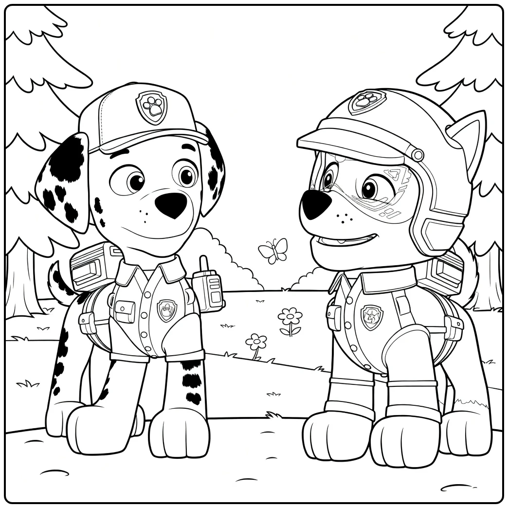 Paw Patrol Seizoen 12 Kleurplaat met een witte gevlekte hond en een grijze hond in jassen die elkaar aankijken op een pad.