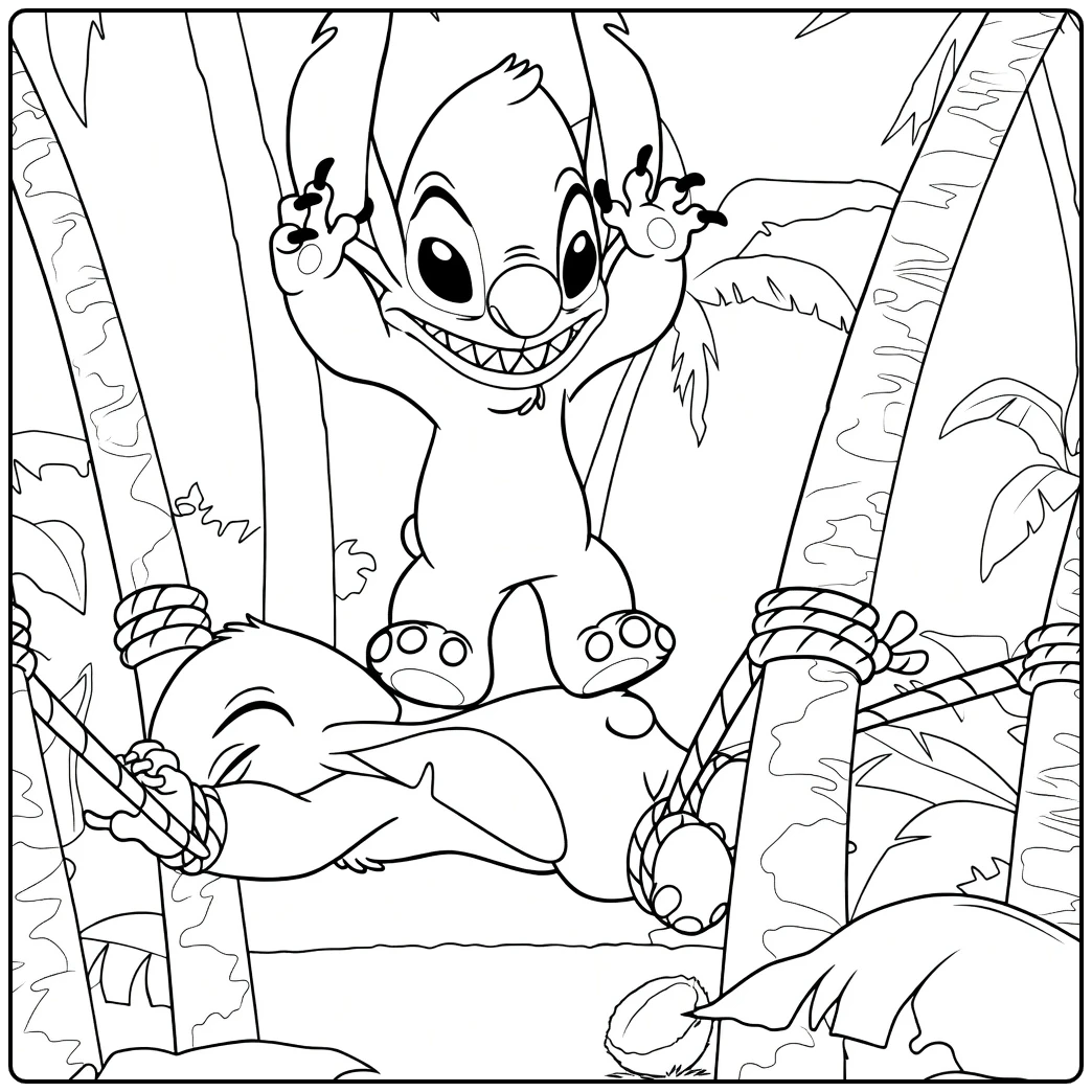 Twee cartoon dieren met grote oren, een staand met armen omhoog op de ander vastgebonden aan palmbomen in Experiment 627 Kleurplaat