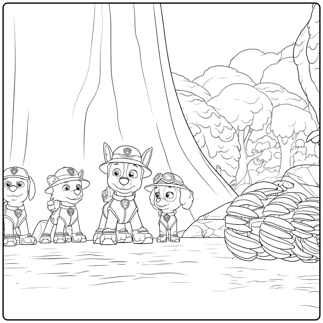 Paw Patrol Seizoen 10 Kleurplaat met vier honden in hoeden naast elkaar en een boom op de achtergrond