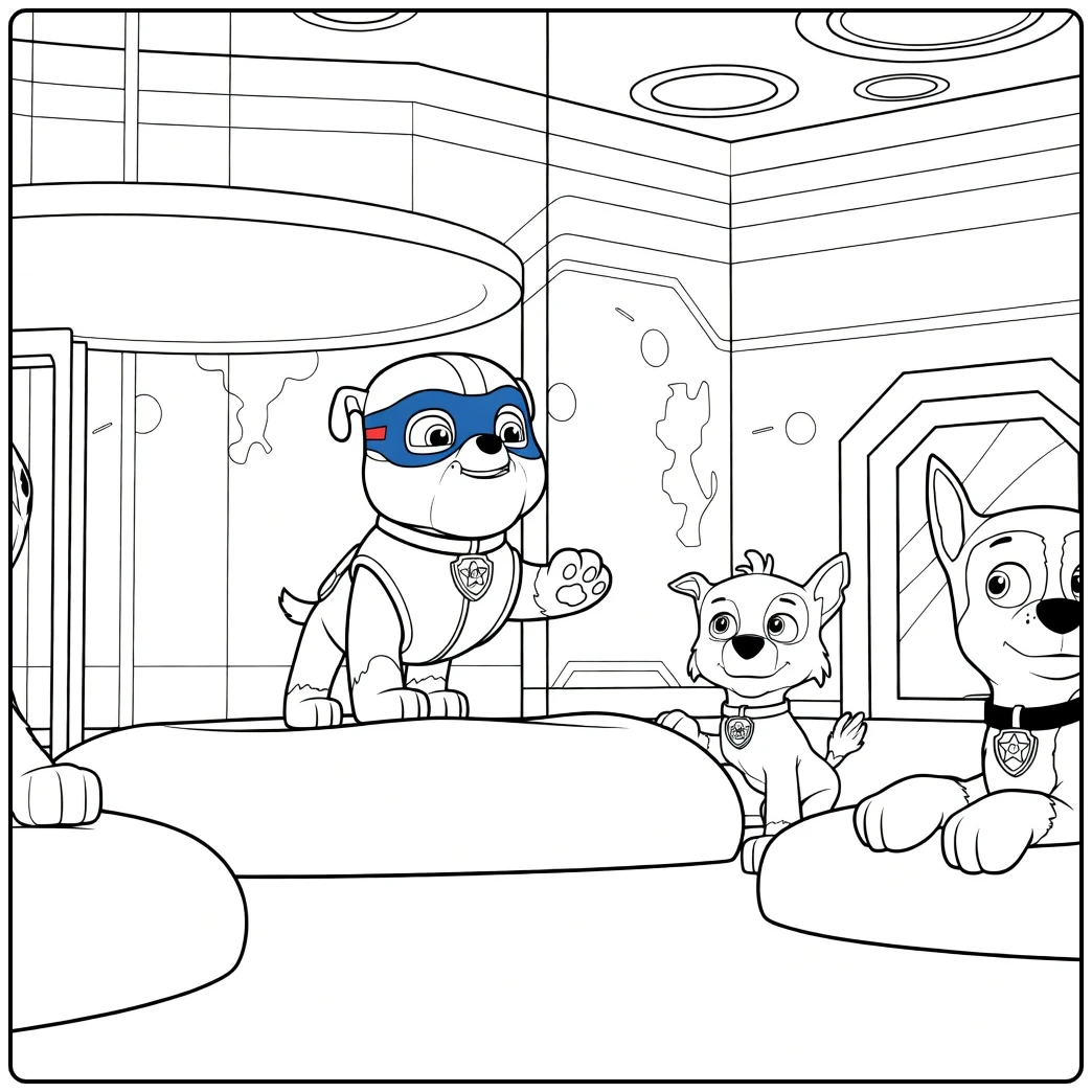 Paw Patrol Season 1 Kleurplaat met een bulldog op een paars kussen en drie andere honden ernaast