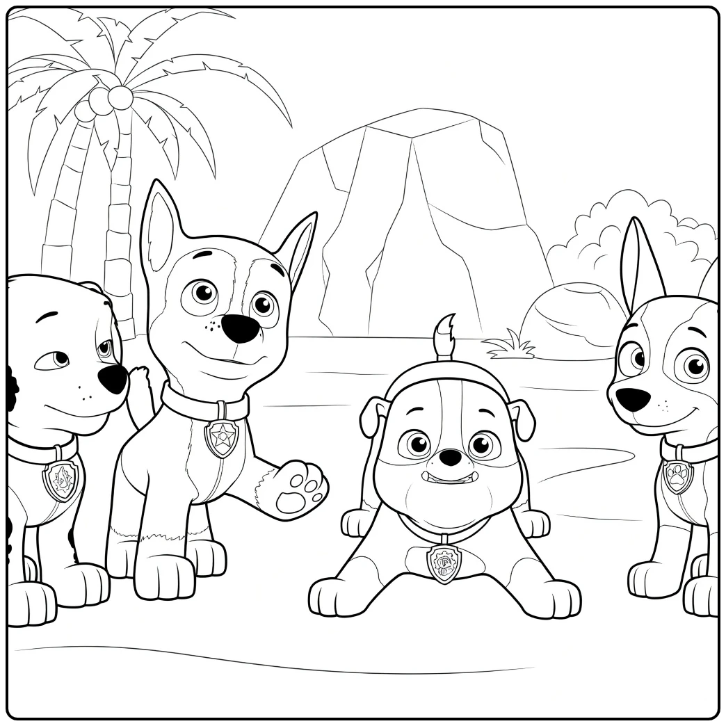 Paw Patrol Seizoen 8 Kleurplaat met vier puppies in speelse poses op het zand