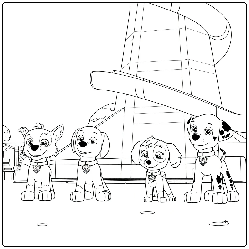 Vier puppy's met verschillende vacht zittend naast elkaar Paw Patrol Seizoen 7 Kleurplaat