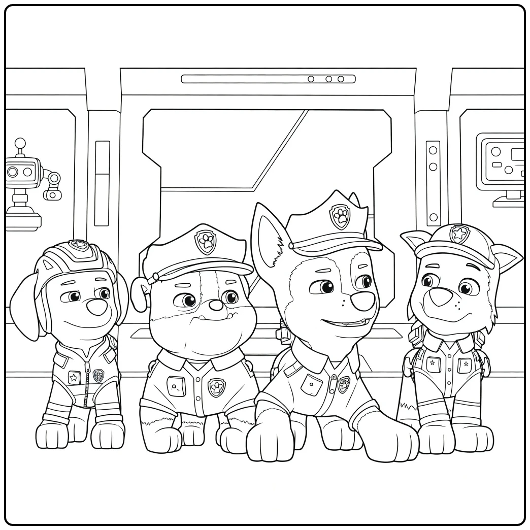 Vier honden in uniformen en helmen staand in een rij Paw Patrol Seizoen 12 Kleurplaat