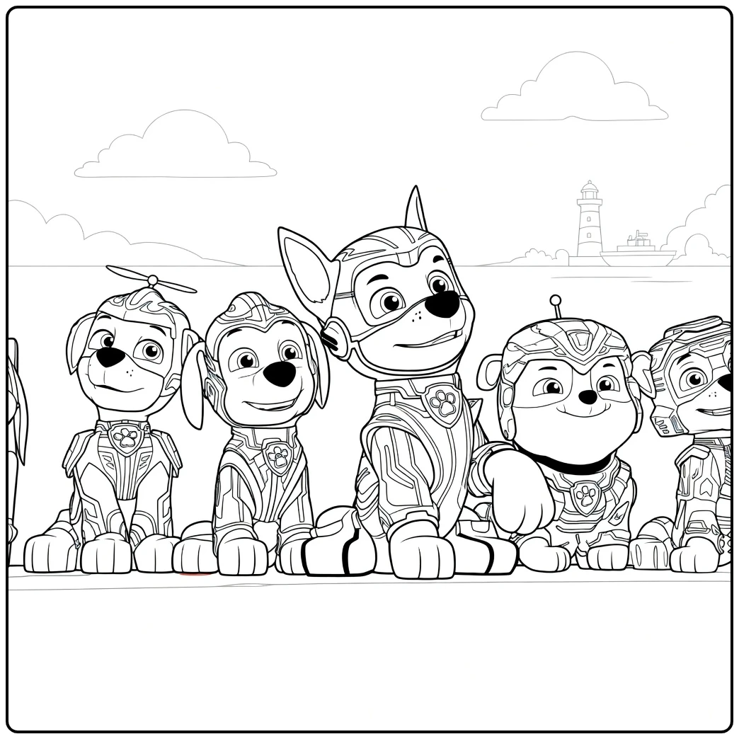 Paw patrol kleurplaat met vijf honden in harnassen die in een rij zitten