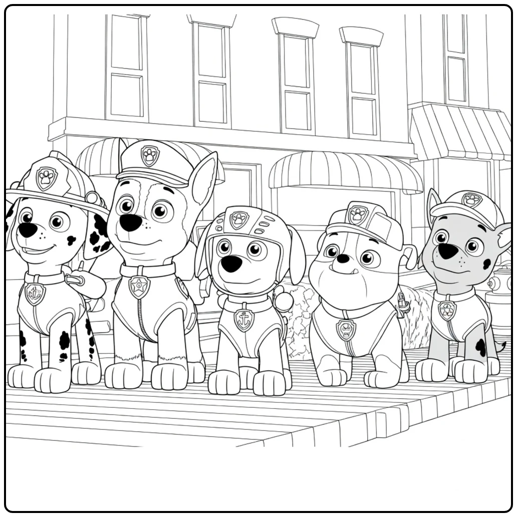 Vijf honden in uniformen en petten staand in een rij Paw Patrol Season 1 Kleurplaat